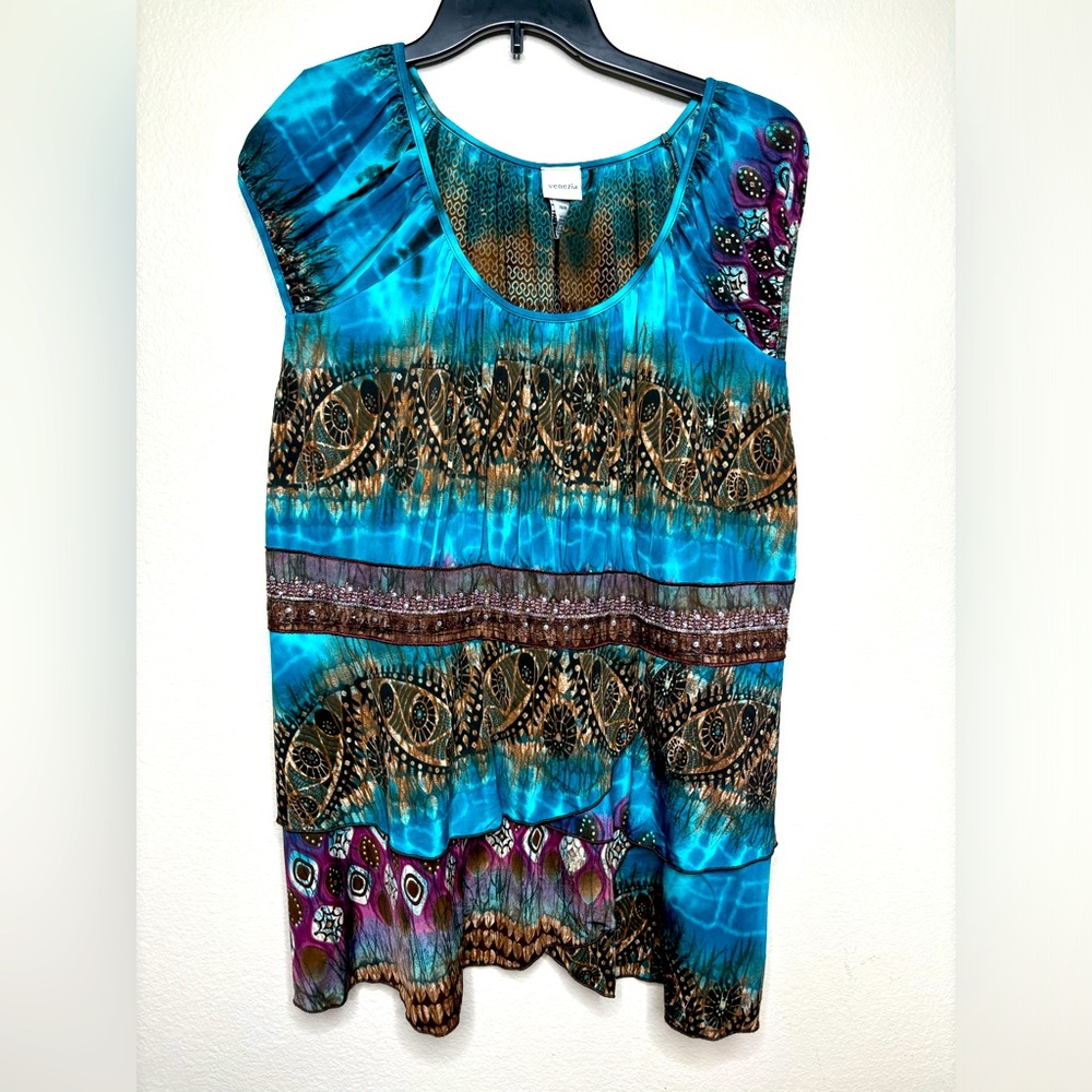 🇺🇸 Venezia Short Sleeve Turquoise & Brown Blouse with Embellishments.  SZ 26/28